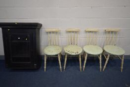 A 19TH CENTURY BLACK PAINTED HANGING BOOKCASE, with a single glazed doors, width 81cm x depth 30cm x