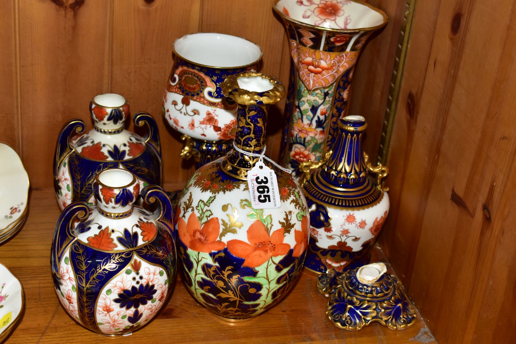 A COLLECTION OF SIX PIECES OF DERBY AND ROYAL CROWN DERBY IMARI PORCELAIN, comprising a vase with