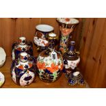 A COLLECTION OF SIX PIECES OF DERBY AND ROYAL CROWN DERBY IMARI PORCELAIN, comprising a vase with