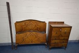 AN EARLY 20TH CENTURY QUARTER VENEERED WALNUT TALL BOY, with three drawers, width 77cm x depth