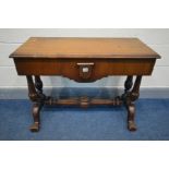 A LATE VICTORIAN WALNUT SIDE TABLE, with a small central drawer, turned supports and fluted supports