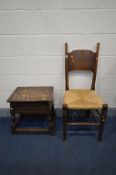 A WILLIAM BIRCH ARTS AND CRAFTS OAK RUSH SEATED CHAIR (repairs to left stretchers) along with an oak