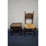 A WILLIAM BIRCH ARTS AND CRAFTS OAK RUSH SEATED CHAIR (repairs to left stretchers) along with an oak