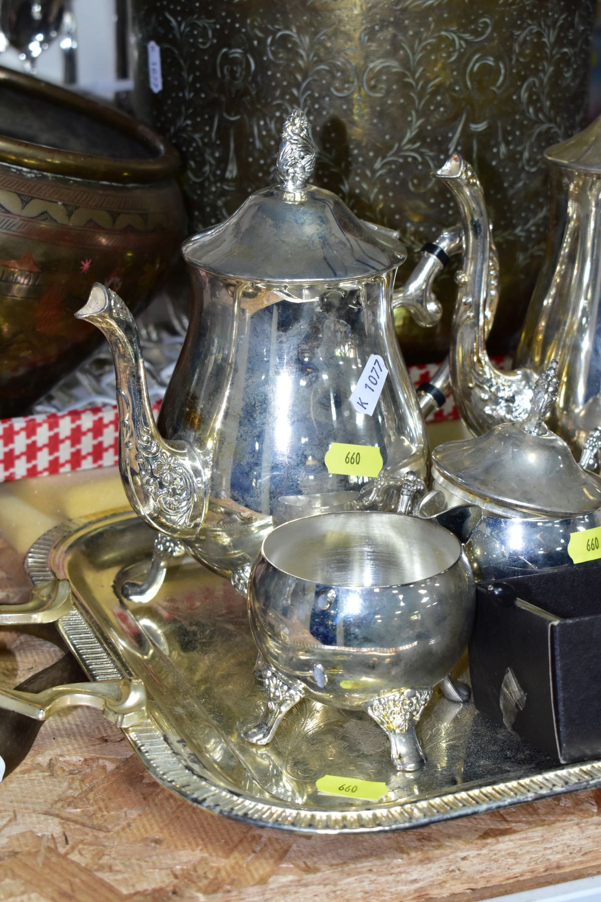 SILVER, SILVER PLATE AND METAL WARES, ETC, comprising a four piece plated tea and coffee set, handle - Image 10 of 10