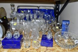 A GROUP OF MOSTLY TUTBURY CRYSTAL CUT GLASSWARE, including boxed Tutbury brandy glasses, six boxed