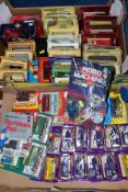 TWO BOXES OF BOXED AND LOOSE PROMOTIONAL VEHICLES, ETC, including Majorette Cadbury promotional