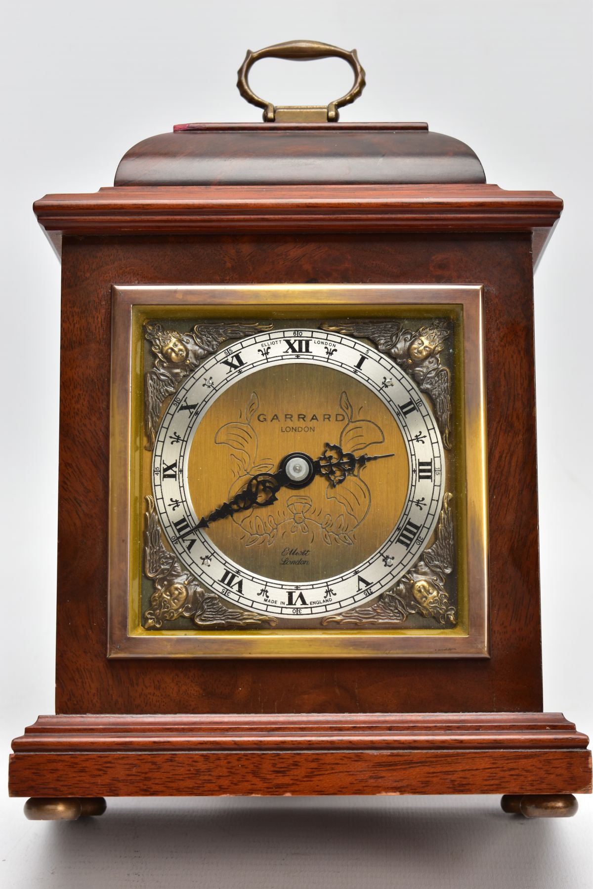 A BURR WOOD CASED GARRARD MANTLE CLOCK, London Elliott mantel clock the silvered ring set with Roman - Image 6 of 6