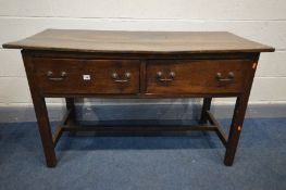 A GEORGIAN OAK SIDE TABLE, single plank top, and two deep frieze drawers, square legs united by a