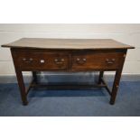 A GEORGIAN OAK SIDE TABLE, single plank top, and two deep frieze drawers, square legs united by a