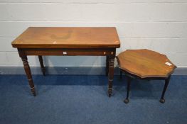 A GEORGIAN MAHOGANY FOLD OVER TEA TABLE, width 114cm x depth 55cm x height 77cm (fluid staining)