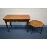 A GEORGIAN MAHOGANY FOLD OVER TEA TABLE, width 114cm x depth 55cm x height 77cm (fluid staining)