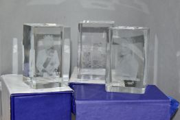 THREE BOXED RECTANGULAR GLASS PAPERWEIGHTS, each with a Royal commemorative lasered image to the