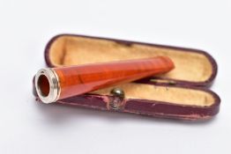 A CASED FAUX AMBER CHEROOT HOLDER with white metal collar in a maroon case, 6cm