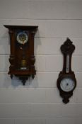 AN EARLY 20TH CENTURY WALNUT VIENNA WALL CLOCK, height 76 cm (missing pediment) (winding key and