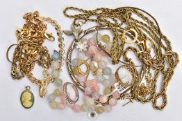 A SELECTION OF COSTUME JEWELLERY, to include rolled gold jewellery, a quartz bead necklace, two