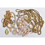 A SELECTION OF COSTUME JEWELLERY, to include rolled gold jewellery, a quartz bead necklace, two