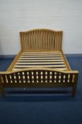 A SOLID LIGHT OAK 5FT BED FRAME, including headboard, footboard, side rails and slats (has all