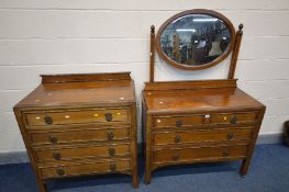 AN EARLY 20TH CENTURY OAK TWO PIECE BEDROOM SUITE comprising a dressing chest with an oval swing