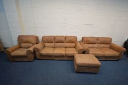 A FOUR PIECE BROWN LEATHER LOUNGE SUITE comprising a two seat settee, inner width 130cm, a three