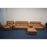 A FOUR PIECE BROWN LEATHER LOUNGE SUITE comprising a two seat settee, inner width 130cm, a three