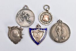 FIVE MEDALS, most of a sporting theme, lengths 28mm to 38mm, two with silver hallmarks,