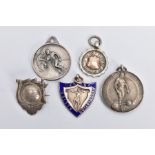 FIVE MEDALS, most of a sporting theme, lengths 28mm to 38mm, two with silver hallmarks,
