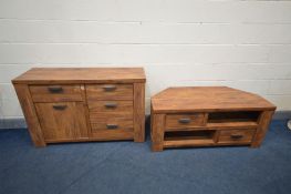 A WALNUT EFFECT SIDEBOARD, with two drawers, width 124cm x depth 39cm x height 81cm and a matching