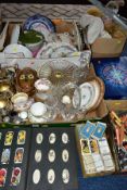 FOUR BOXES AND LOOSE CERAMICS, GLASSWARE, CUTLERY, SOFT TOYS, CIGARETTE CARDS, etc, including 19th