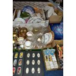 FOUR BOXES AND LOOSE CERAMICS, GLASSWARE, CUTLERY, SOFT TOYS, CIGARETTE CARDS, etc, including 19th