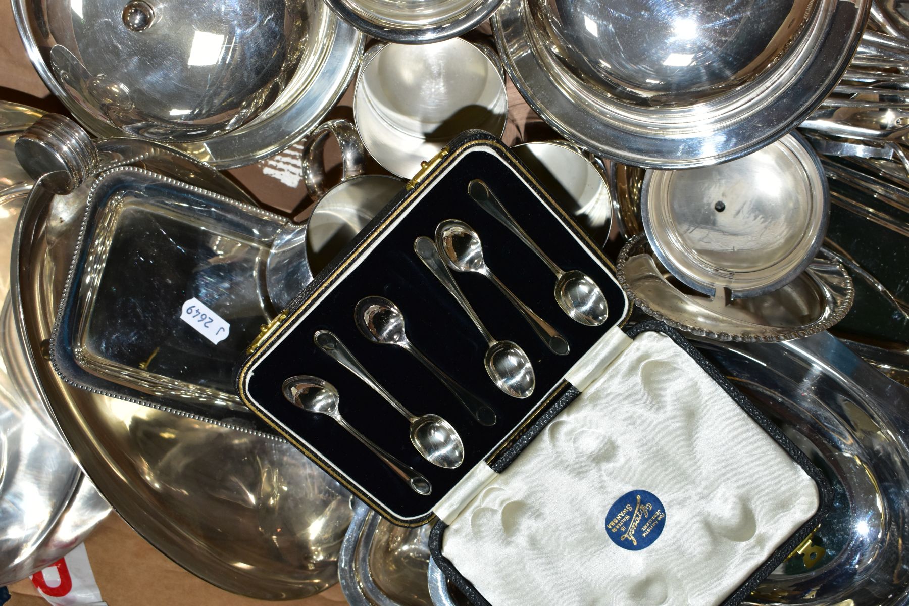 TWO BOXES OF SILVER PLATE, CARLTON WARE DISHES, COLOURED PRESSED GLASS DISHES, etc, including a - Image 5 of 5