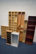 A QUANTITY OF OPEN SHELVES/BOOKCASES, of various sizes, shapes and materials (10) (Sd, losses)