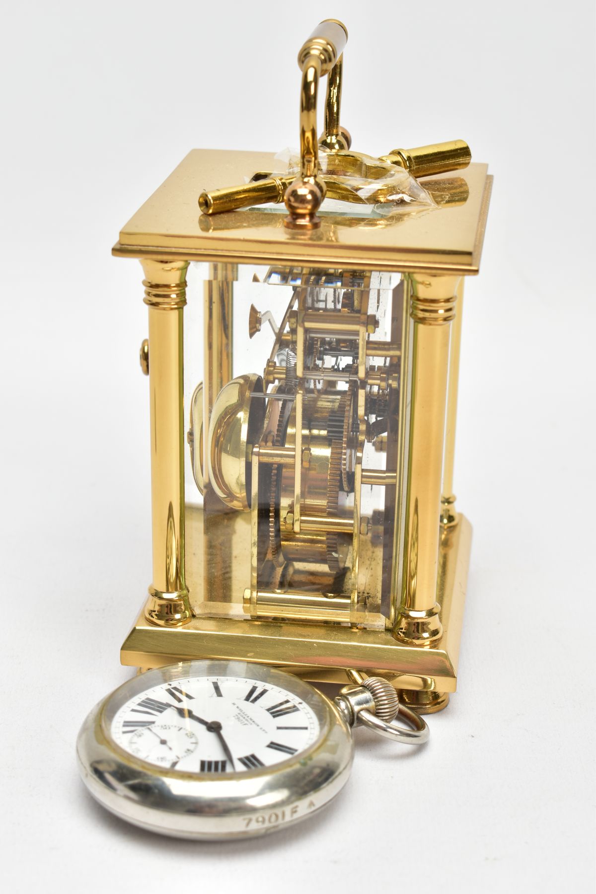 A BRASS CARRIAGE CLOCK AND A MILITARY POCKET WATCH, a white enamel face with black Roman numerals, - Image 4 of 7