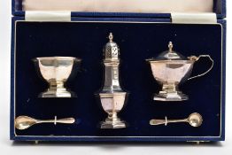 A CASED SILVER CONDIMENT SET, to include a mustard pot and spoon and open salt and spoon, both