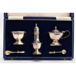 A CASED SILVER CONDIMENT SET, to include a mustard pot and spoon and open salt and spoon, both