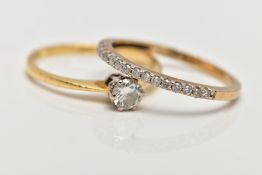 TWO 18CT GOLD DIAMOND RINGS, a diamond single stone ring, claw set to knife edge shoulder, estimated