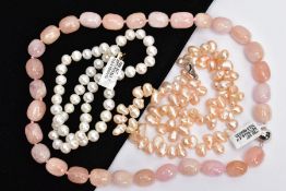 THREE NECKLACES, to include a rose quartz bead necklace and two cultured pearl necklaces