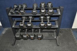 A BODYMAX DUMBELL RACK width 110cm and height 80cm containing fourteen dumbbells in pairs comprising