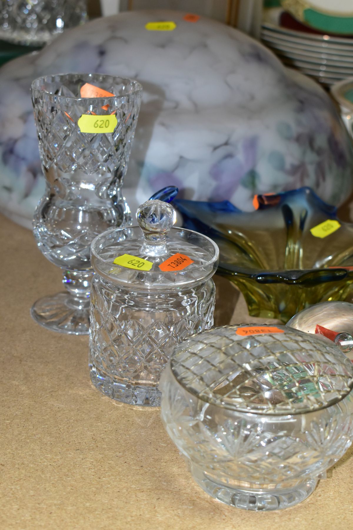 A SMALL GROUP OF GLASSWARE, including two glass light shades, three modern paperweights, a modern - Image 3 of 7