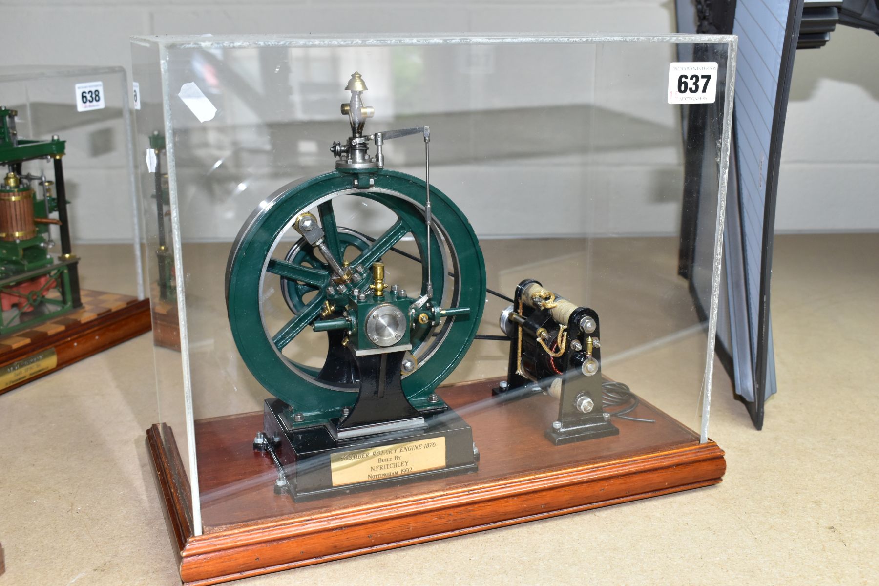 A CASED HANDBUILT SCALE MODEL OF A COOMBER LIVE STEAM ROTARY ENGINE OF 1876, not tested, powering