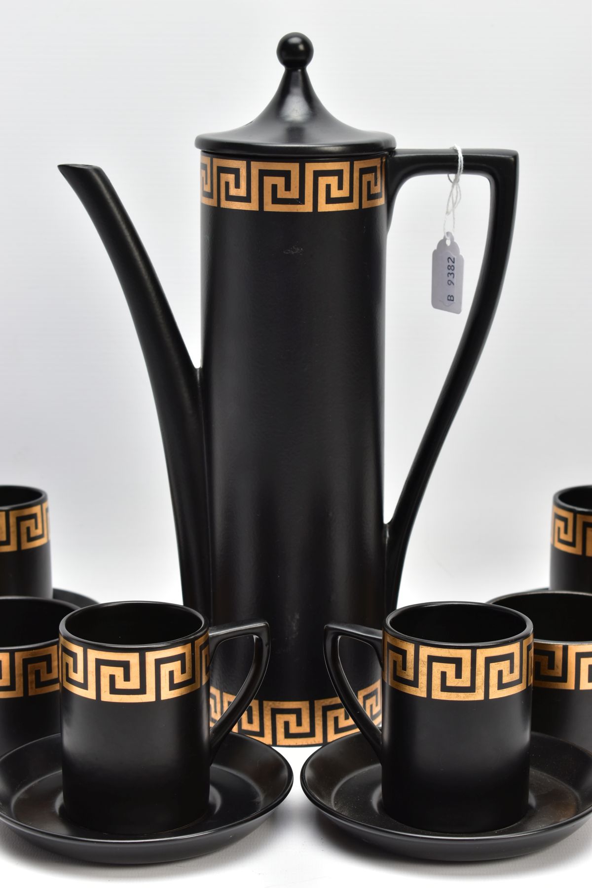 A PORTMEIRION COFFEE SET by Susan Williams-Ellis with gilt Greek key border decoration, on a black - Image 5 of 7