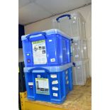 FIVE PLASTIC STORAGE BOXES, comprising two blue 35L plastic storage boxes and covers, three clear