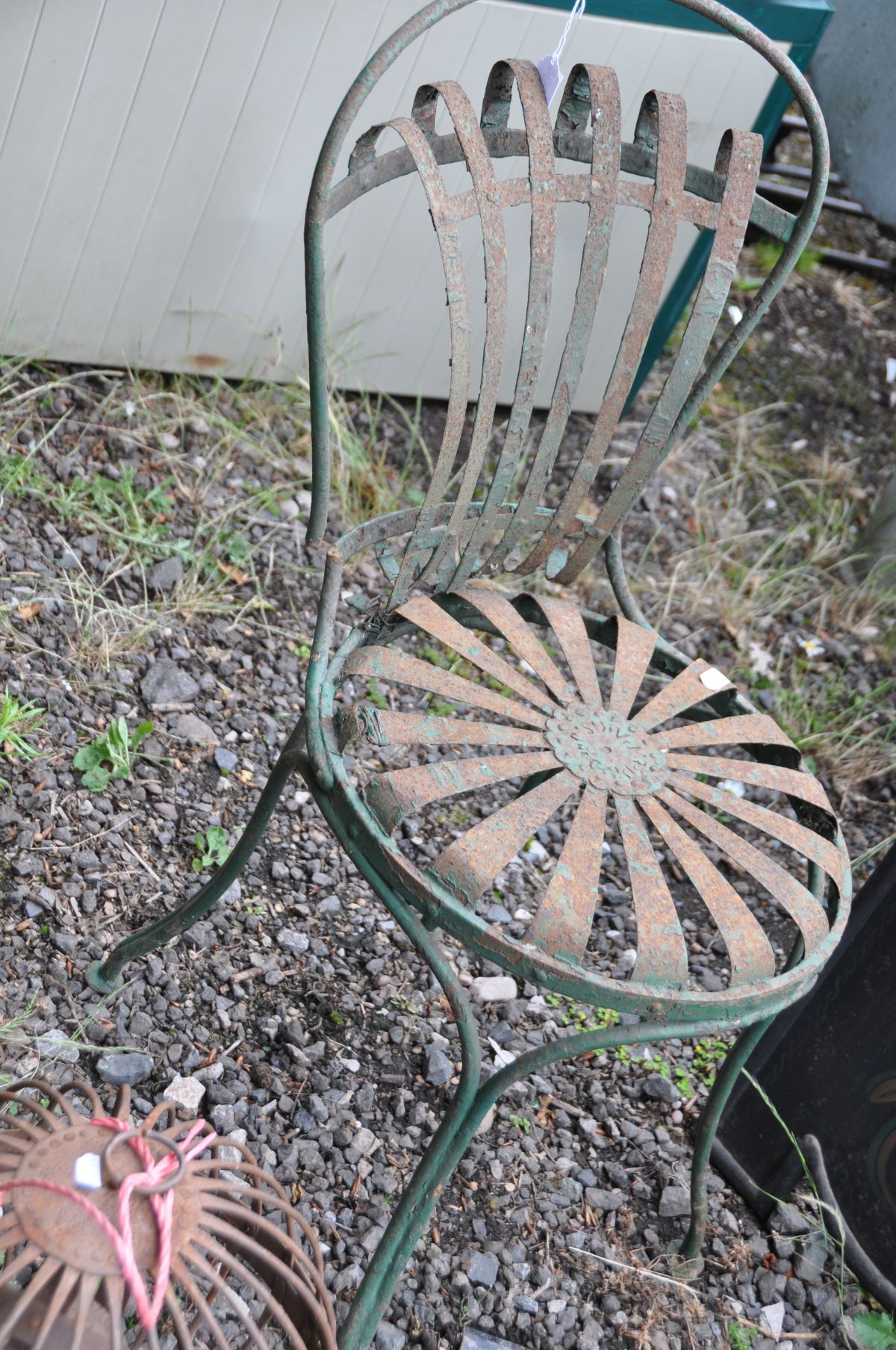 A METAL HANGING RESTAURANT SIGN width 72cm x height 72cm, a peat cutter, a French metal Bistro chair - Image 3 of 4