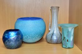 FOUR STUDIO GLASS VASES, to include an Adrian Sankey onion shaped iridescent vase, with peacock