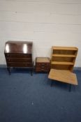 A MAHOGANY BUREAU on cabriole legs, width 75cm x depth 43cm x height 101cm along with a piano