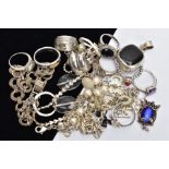 A SELECTION OF SILVER AND WHITE METAL JEWELLERY, to include a Pandora ring, a marcasite bracelet,