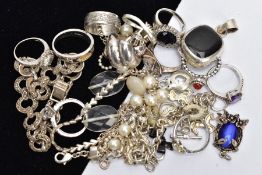 A SELECTION OF SILVER AND WHITE METAL JEWELLERY, to include a Pandora ring, a marcasite bracelet,