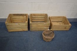 THREE WOODEN CRATES, and a wicker basket (4)