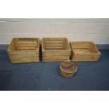 THREE WOODEN CRATES, and a wicker basket (4)