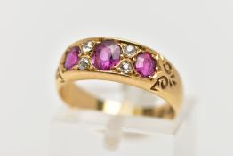 A LATE VICTORIAN RUBY AND DIAMOND HALF HOOP RING, three cushion cut rubies, estimated total ruby