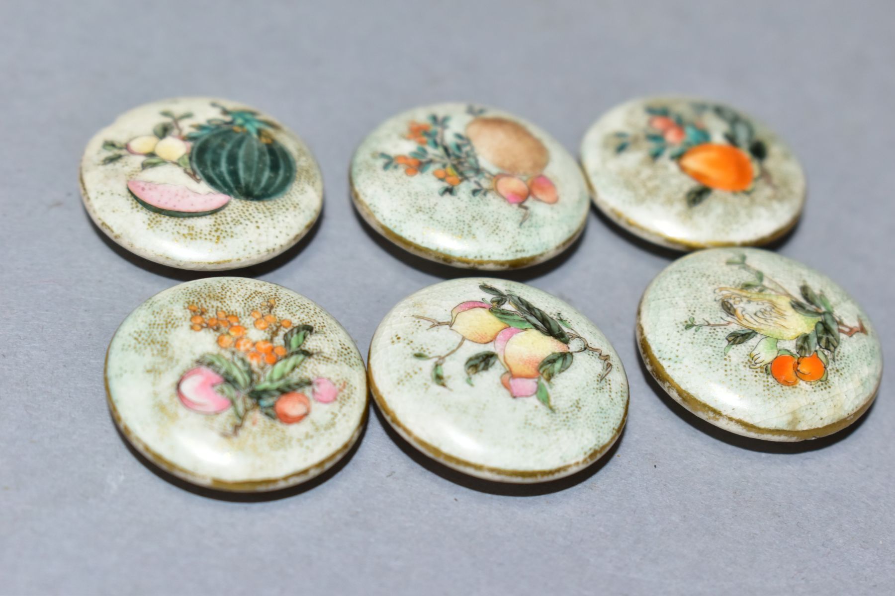 A SET OF SIX LATE 19TH/EARLY 20TH CENTURY JAPANESE SATSUMA POTTERY BUTTONS, painted with fruits - Image 4 of 4